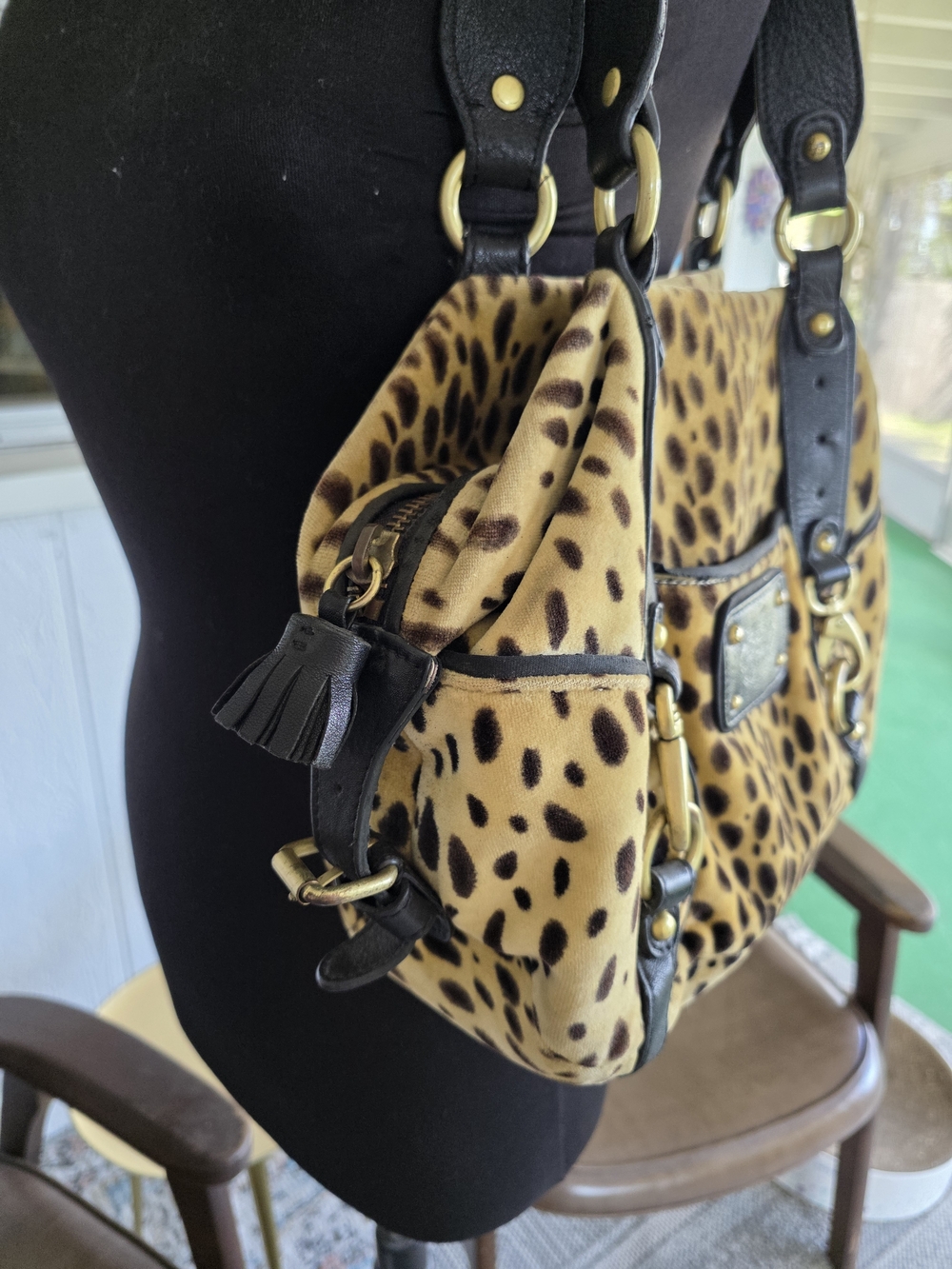 Juicy Couture Leopard Velour Shoulder Bag Y2K Black Trim and Gold Hardware - Picture 7 of 16